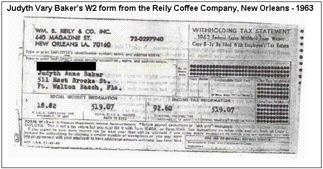 Text Box: Judyth Vary Bakers W2 form from the Reily Coffee Company, New Orleans - 1963
 
